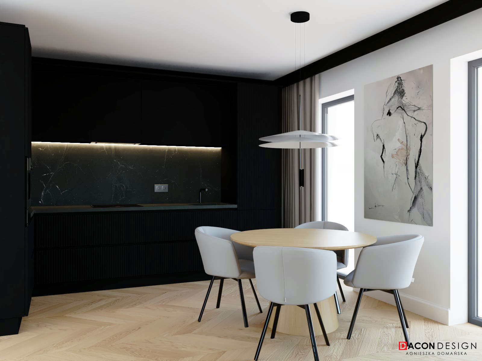 Aranżacja aneksu kuchennego z jadalnią apartamentu we Wrocławiu. Wnętrza premium.