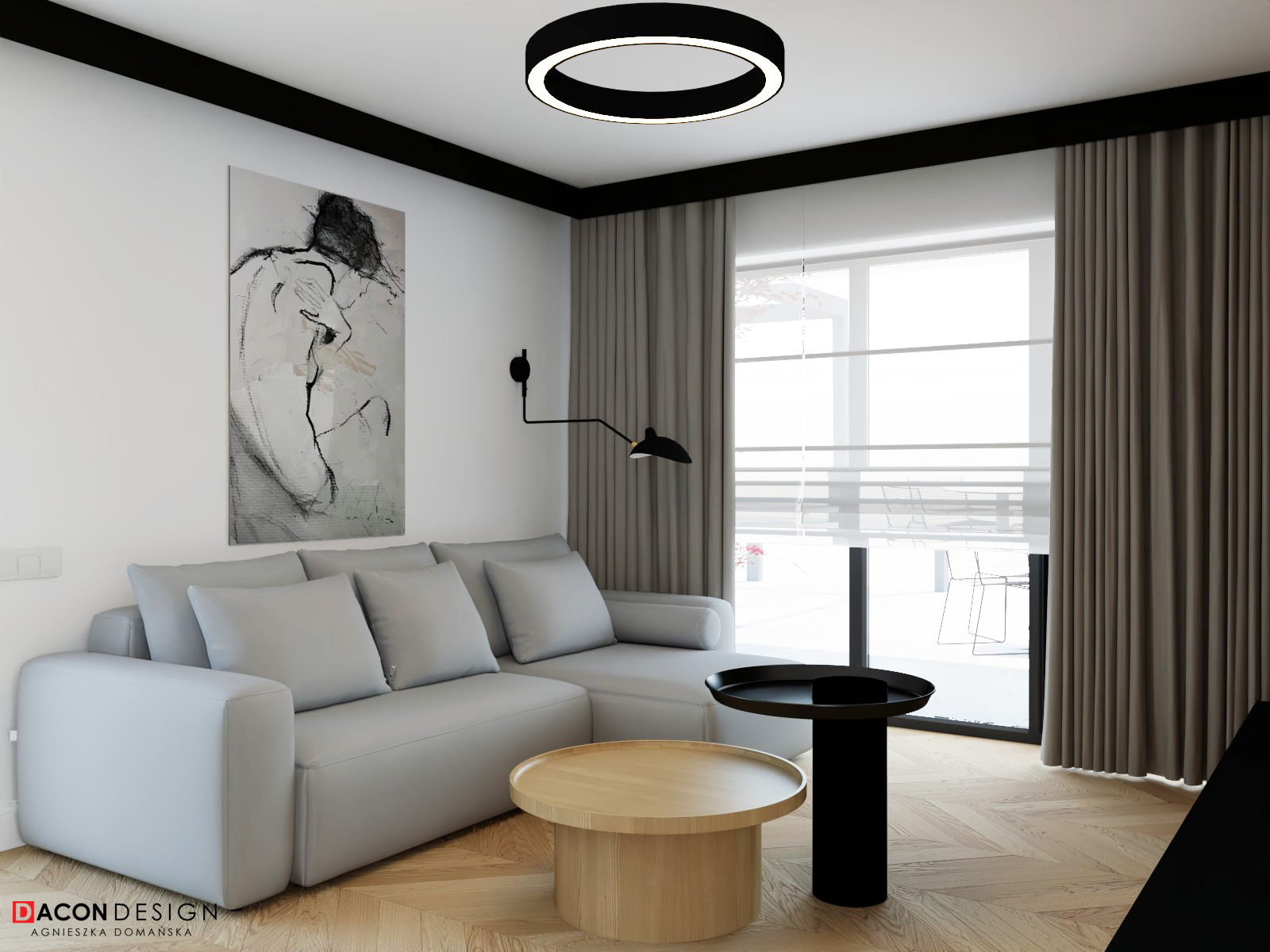 Aranżacja salonu z aneksem kuchennym apartamentu we Wrocławiu. Wnętrza premium.