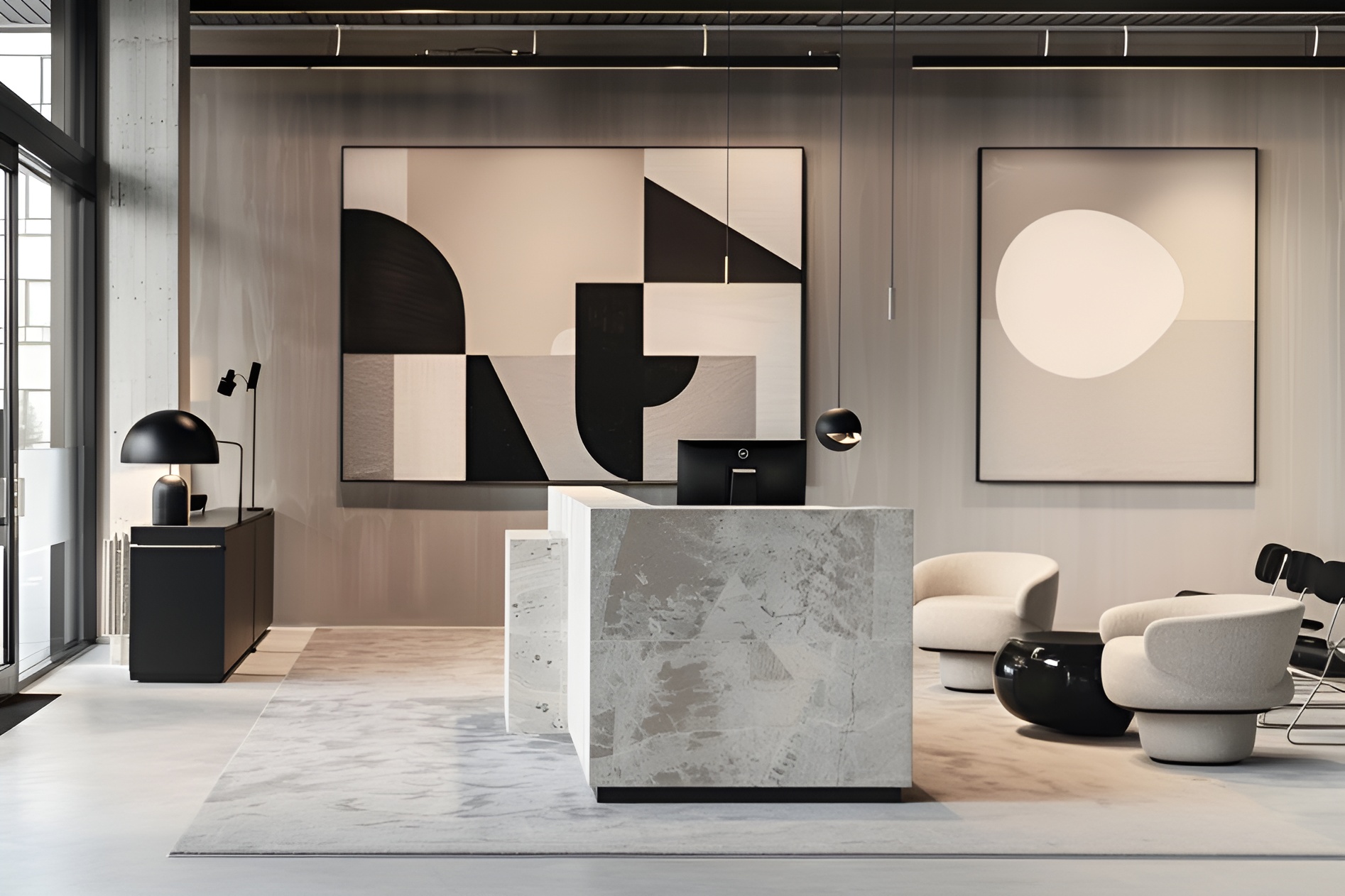 Aranżacja strefy wejściowej biura. Wnętrza premium.