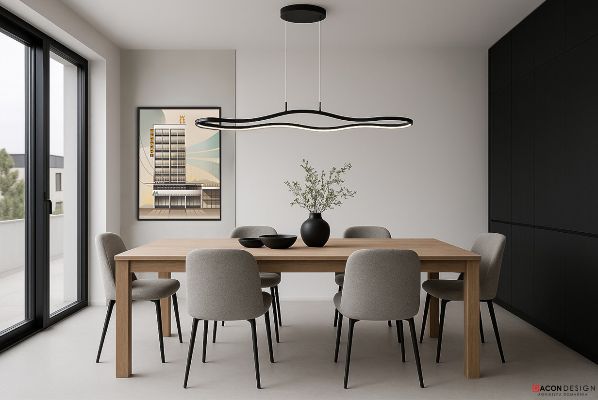 Aranżacja apartamentu we Wrocławiu. Minimalistyczny salon a aneksem kuchennym. Jadalnia. Wnętrza premium. Projekty wnętrz