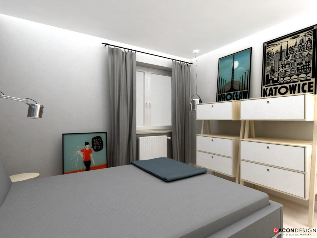 Nowowczesna sypialnia zszarm łóżkime, komodą Vox, plakatami z serii Polska Ryszarda Kai