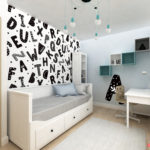 Pokój dla nastolatki z czarno - białą tapetą oraz meblami Ikea