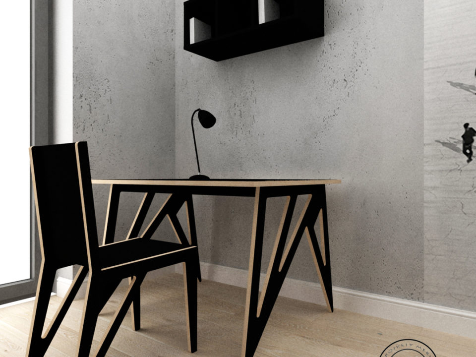 Projekt biurka i krzesła ze sklejki w czarnym kolorze na zamówienie