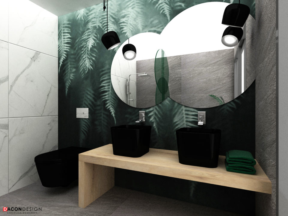 Tapeta w łazience na ścianie z lustrem i czarnymi umywalkami na drewnianym blacie