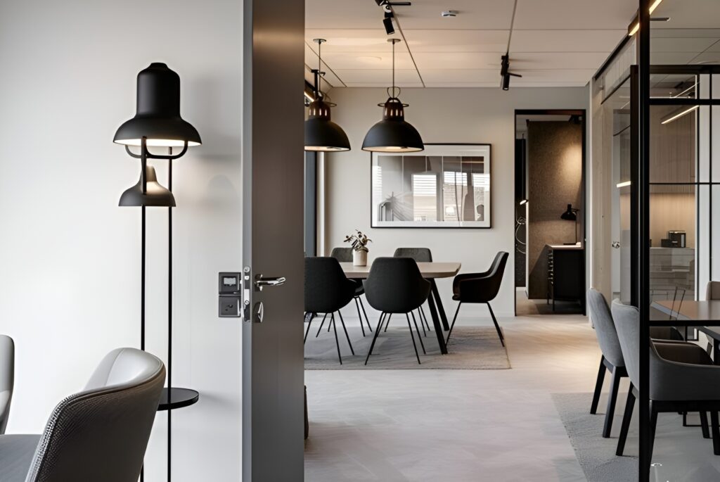 Biuro z ergonomicznymi stanowiskami pracy i strefą spotkań