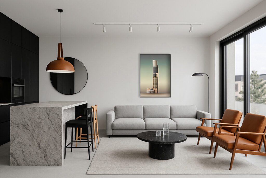 Jasny salon z dużą sofą i drewnianą podłogą, projekt wnętrza Wrocław